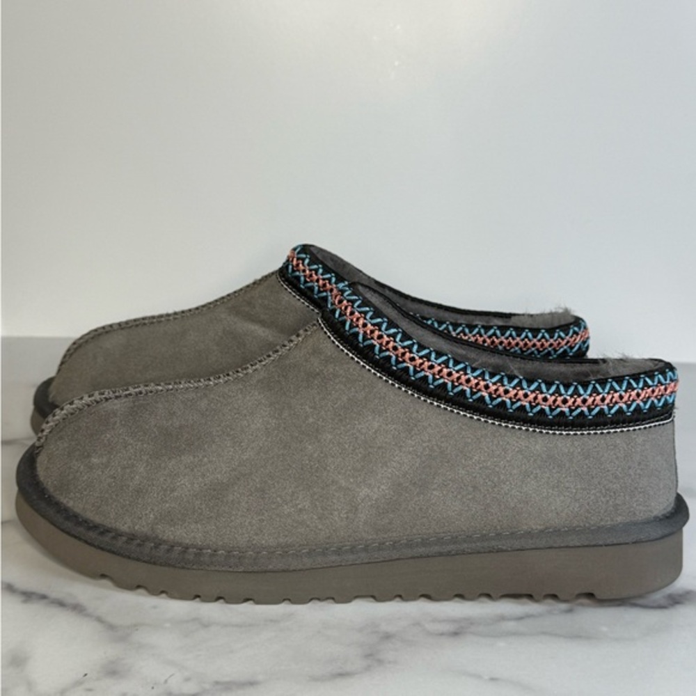 Gray Suede Slip-On Shoes with Embroidered Trim